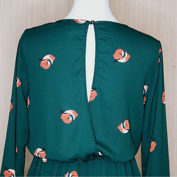 Everly Long Sleeve Shorts Romper Hunter Green Fox Print Lined Women's Size Small - Picture 6 of 12